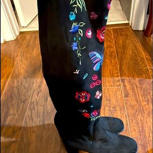 Faux suede floral knee high boots